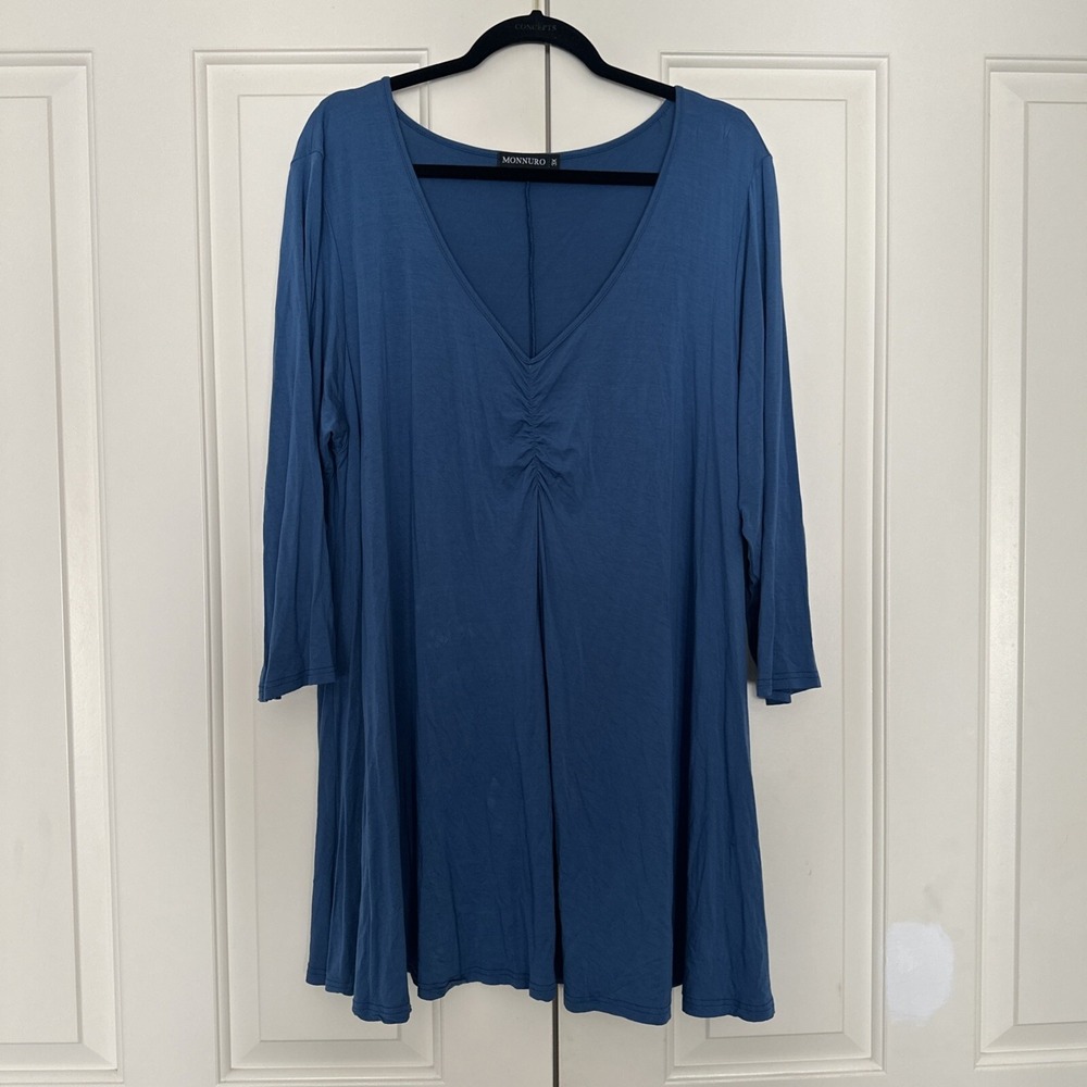 Monnuro Shirt Womens Plus 3XL Blue V-Neck 3/4-Sleeve Swing Top Blouse Tunic